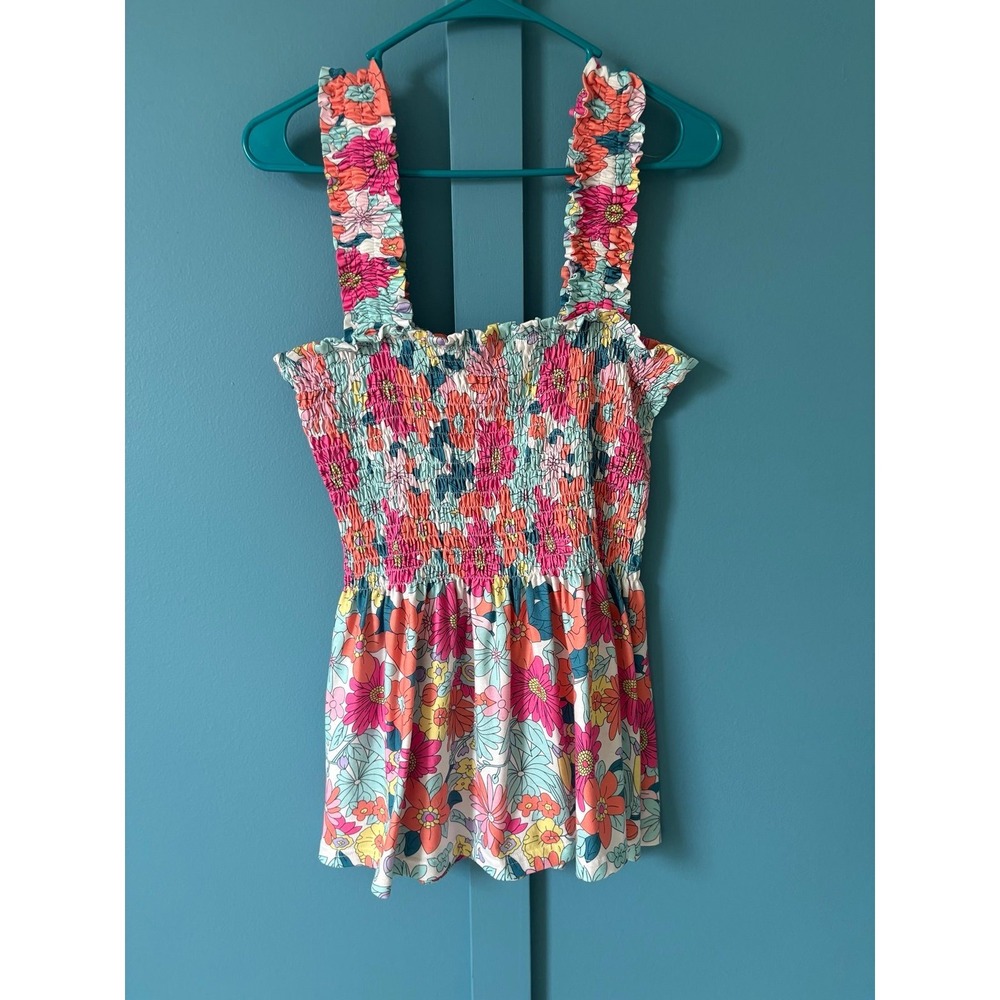 Boutique Floral Smocked Tank Top Ruffle Strap Multicolor Peplum Sleeveless L